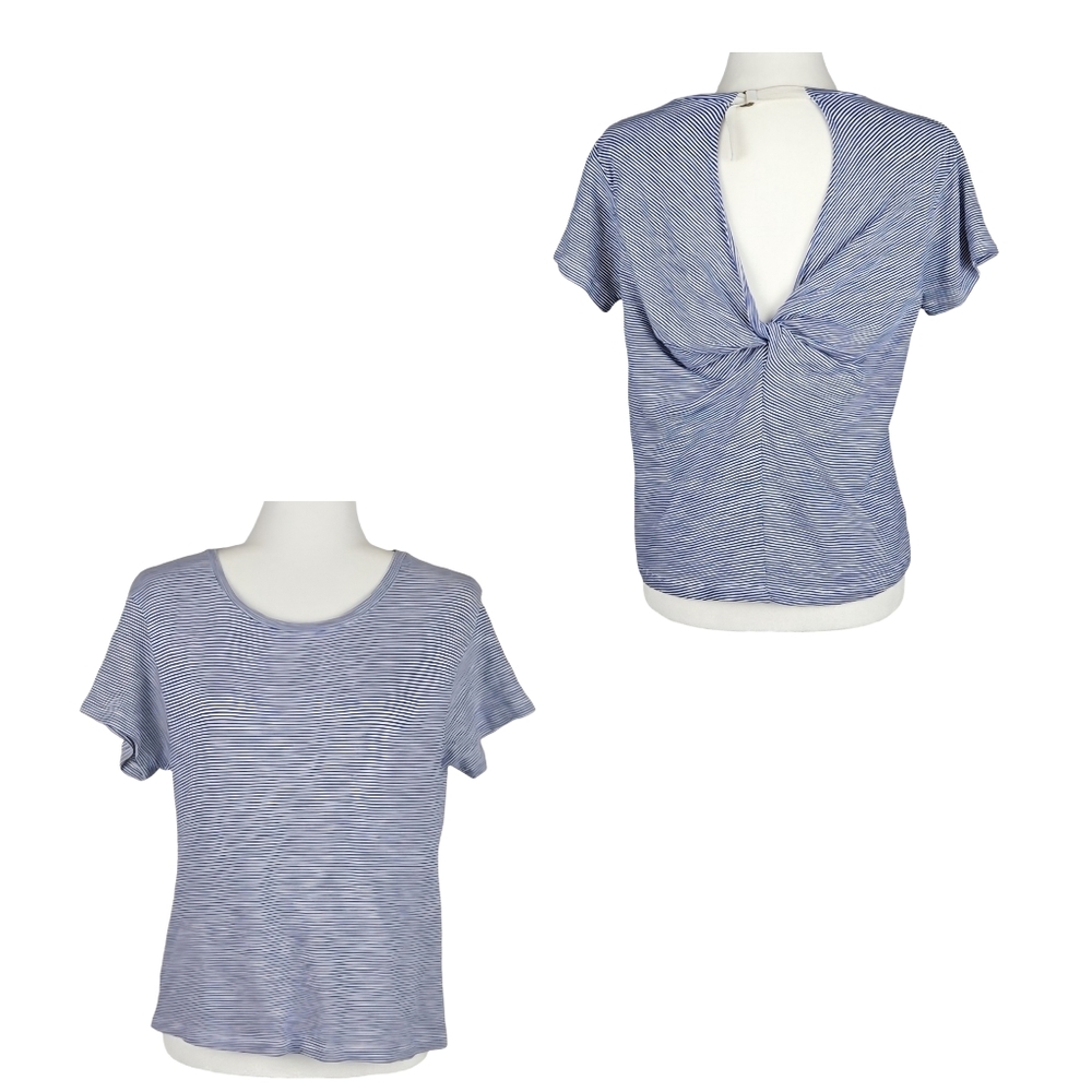 Lucky Brand Tee Open Twist-Back Striped Short Sleeve Tee Top Blue White XS